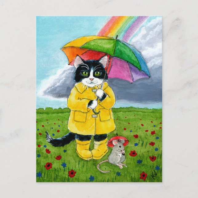 Niedliche Smoking-Katze, Maus, mit Regenbogenschir Postkarte (Vorderseite)