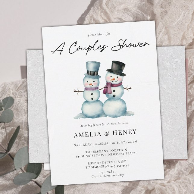 Niedliche Snowman Funny Winter Brautparty Einladung (funny couples shower wedding snowman winter cute humor watercolor elegant classy chic his hers coed)