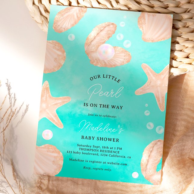 Niedliche Sommermassagedusche Einladung (Cute summer ocean little pearl baby shower blue ocean  invitation)