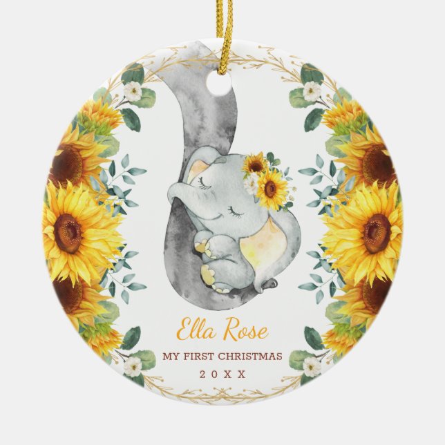 Niedliche Sonnenblume Elephant Baby Erste 1. Weihn Keramik Ornament (Vorne)