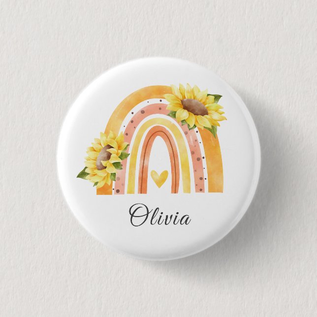 Niedliche Sonnenblume Farbige Gelbe Regenbogenmädc Button (Vorderseite)