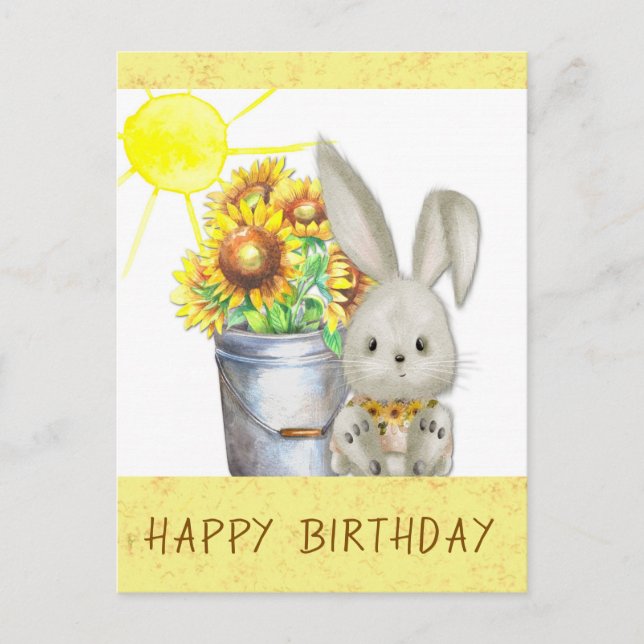 Niedliche Sonnenblume Hasen Happy Birthday Postkarte (Vorderseite)