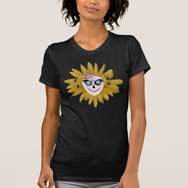 Niedliche Sonnenblume Skull Dia De Los Muertos Fra T-Shirt (Vorderseite)