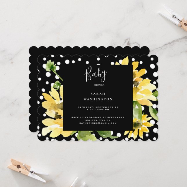 Niedliche Sonnenblumen Polka Dot Babydusche skallo Einladung (Vorderseite/Rückseite Beispiel)