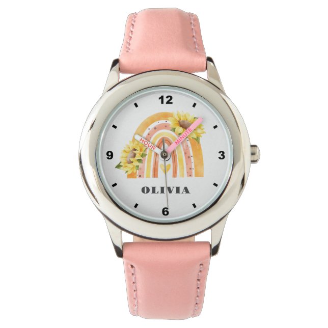 Niedliche Sonnenblumen Rainbow Custom Girls Name W Armbanduhr (Vorderseite)
