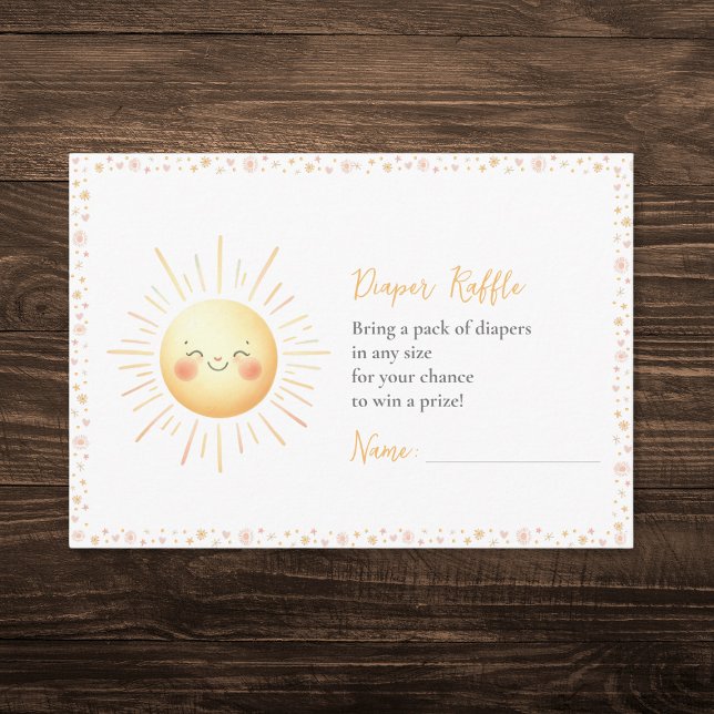 Niedliche Sonnenscheinwerfer-Windschutzscheibe Kin Begleitkarte (Adorable diaper raffle card featuring a cute smiling sun for a here comes the son baby shower.)