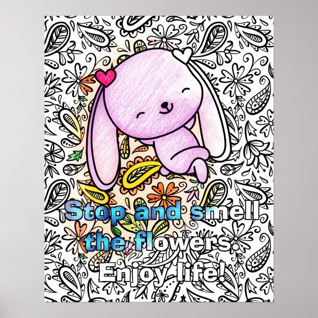 Niedliche Sonnenterrasse in Blume Niedlich Erwachs Poster (Customize this adorable bunny poster you can color. Great for bunny lovers everywhere.)