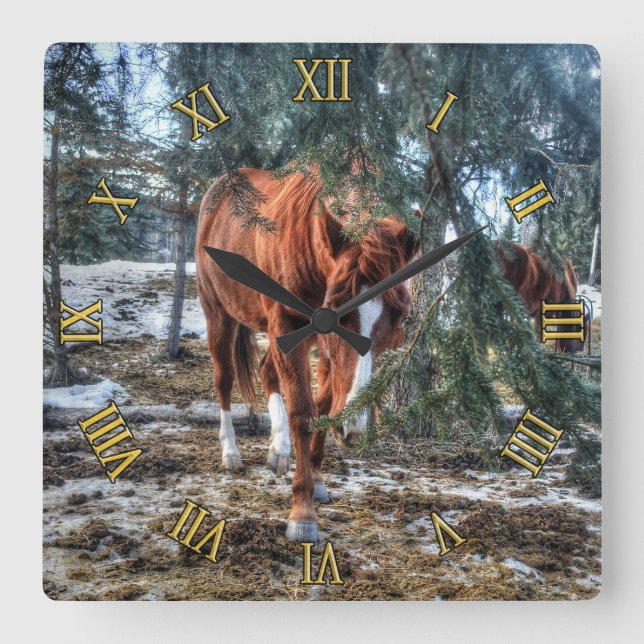 Niedliche Sorrel Mare und Branches Geschenk für Pf Quadratische Wanduhr (Vorderseite)