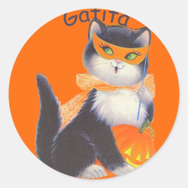 Niedliche Spanisch Halloween Cat Round Stickers (Vorderseite)