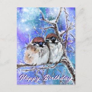 Niedliche Sparrow im Winter Geburtstagskarte Postkarte
