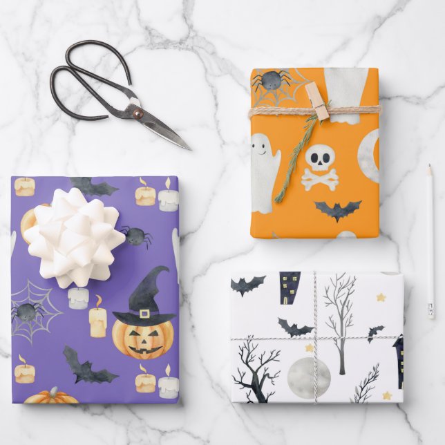 NIEDLICHE SPOOKY HALLOWEEN GHOSTS PUMPKINS BATS MO GESCHENKPAPIER SET (Vorderseite)