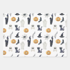 NIEDLICHE SPOOKY HALLOWEEN GHOSTS PUMPKINS BATS MO GESCHENKPAPIER SET