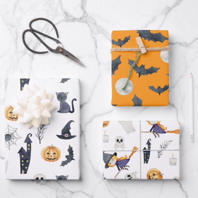 NIEDLICHE SPOOKY HALLOWEEN GHOSTS PUMPKINS BATS MO GESCHENKPAPIER SET (Vorderseite)