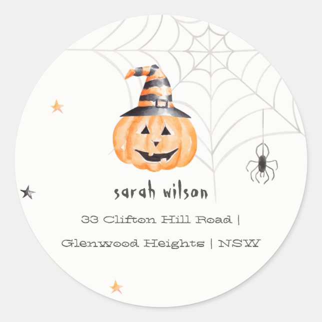 Niedliche Spooky Halloween Pumpkin Spider-Adresse Runder Aufkleber (Vorderseite)