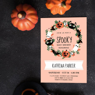 Niedliche Spooky Halloween Wreath Blush Babydusche Einladung
