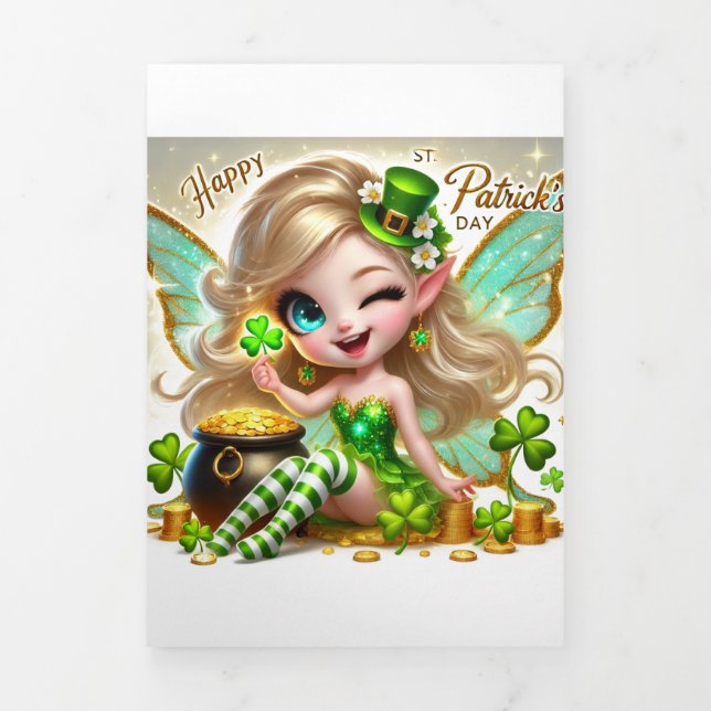 Niedliche St Patrick's Day Card mit Fairy Dreifach Gefaltete Urlaubskarte (Cover)
