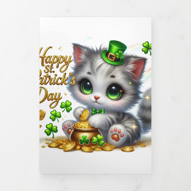 Niedliche St Patrick's Day Card mit Kitty Dreifach Gefaltete Urlaubskarte (Cover)