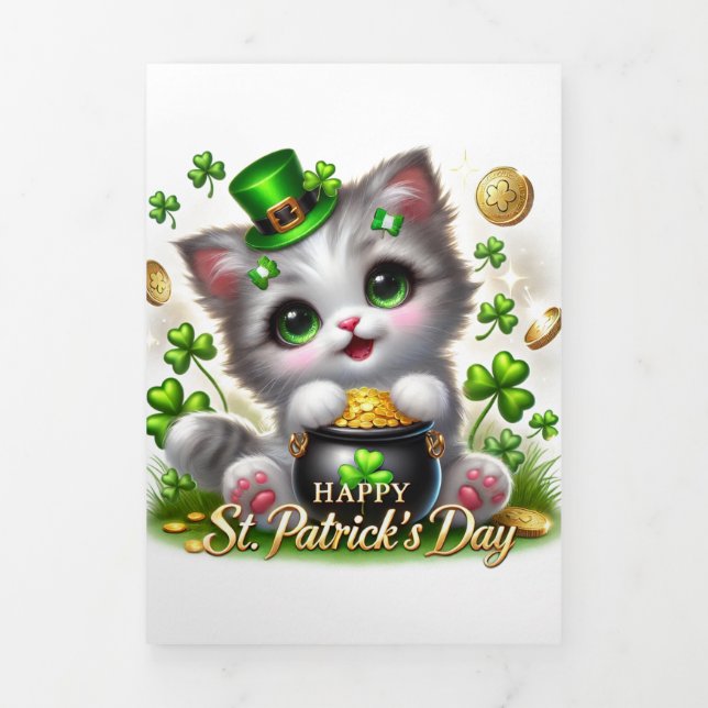 Niedliche St Patrick's Day Card mit Kitty Dreifach Gefaltete Urlaubskarte (Cover)