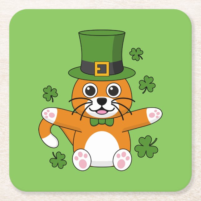 Niedliche St Patrick's Day Cat mit Kleeblättern Ca Rechteckiger Pappuntersetzer (Vorderseite)