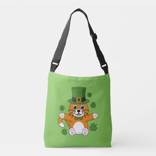 Niedliche St Patrick's Day Cat mit Kleeblättern Ca Tragetaschen Mit Langen Trägern (Vorderseite)