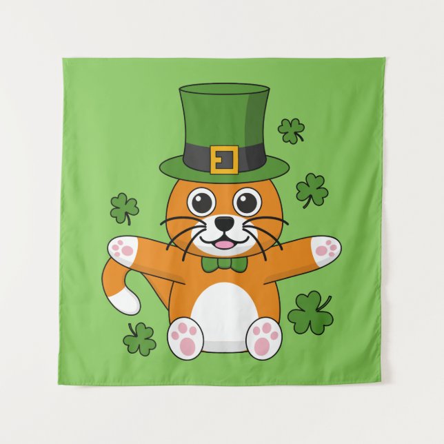 Niedliche St Patrick's Day Cat mit Kleeblättern Ca Wandteppich (Vorderseite)
