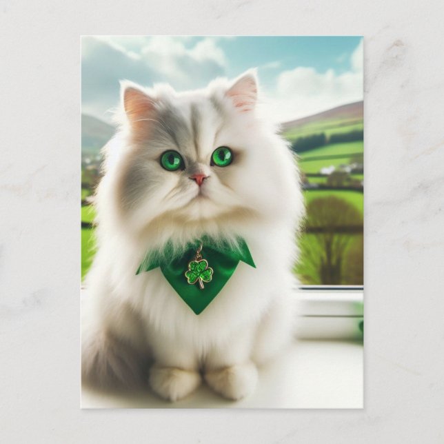 Niedliche St. Patricks Day Katze Fluffy White Cat Postkarte (Vorderseite)