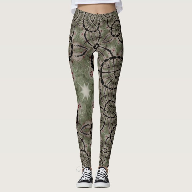 Niedliche Star Sage Green Black Heart Leggings (Vorderseite)