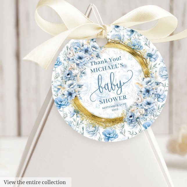 Niedliche staubblaue Blumen Goldjungen Dusche Dank Geschenkanhänger (Cute dusty blue flowers gold boy baby shower thank Favor Tags)