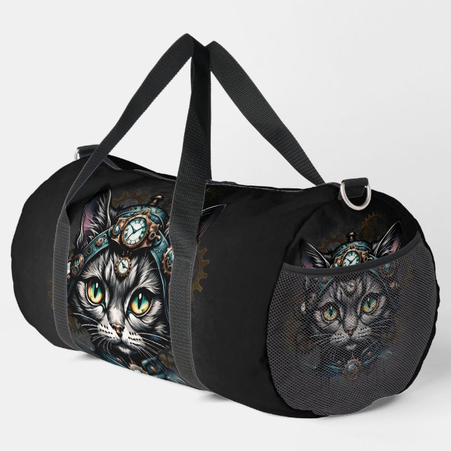 Niedliche Steampunkkatze mit Uhren und Gängen. Duffle Bag (Rechte Ecke)