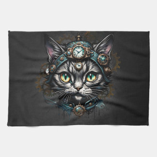 Niedliche Steampunkkatze mit Uhren und Gängen. Geschirrtuch