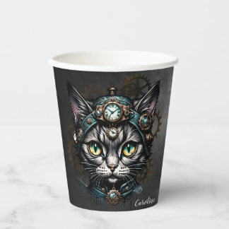 Niedliche Steampunkkatze mit Uhren und Gängen. Pappbecher