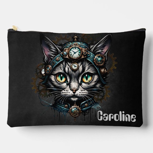 Niedliche Steampunkkatze mit Uhren und Gängen. Zubehörtasche (Vorderseite)