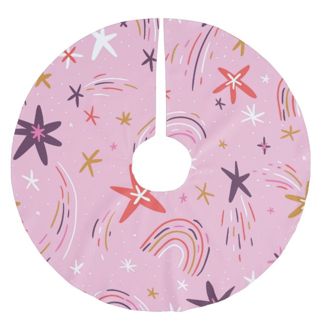 Niedliche Sterne Rainbows rosa Muster Polyester Weihnachtsbaumdecke (Vorderseite)