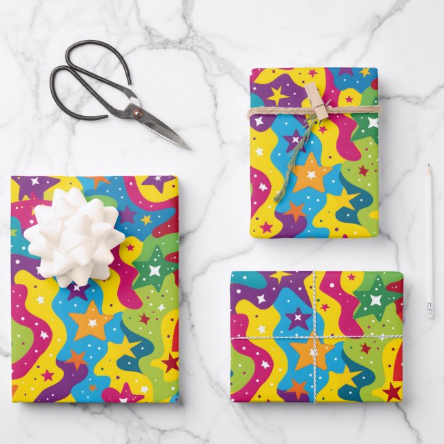 Niedliche Sterne Regenbogen Kinder Party gekachelt Geschenkpapier Set (Vorderseite)