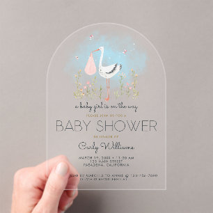 Niedliche Stork Baby-Dusche Acryleinladungen
