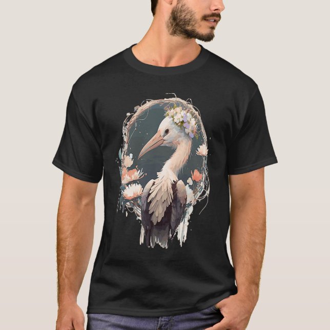 Niedliche Stork Bird Blume Crown Floral Birds T-Shirt (Vorderseite)