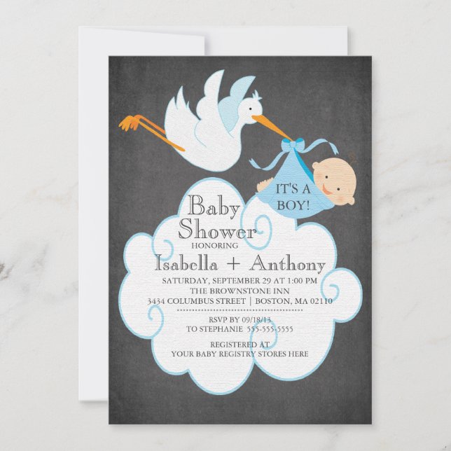 Niedliche Stork Chalkboard Boy Baby Shower Einladu Einladung (Vorderseite)