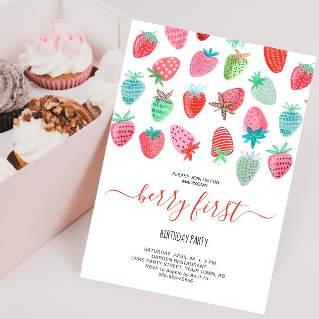 Niedliche Strawberry-Girl-Beere zum ersten Geburts Einladung (Cute Strawberry girl berry first birthday party Invitation)