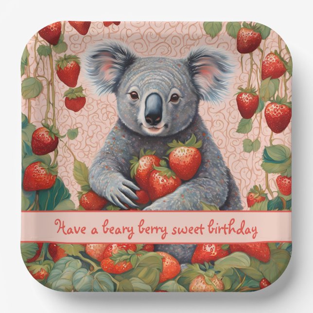 Niedliche Strawberry Koala Bear Geburtstagskarte Pappteller (Vorderseite)