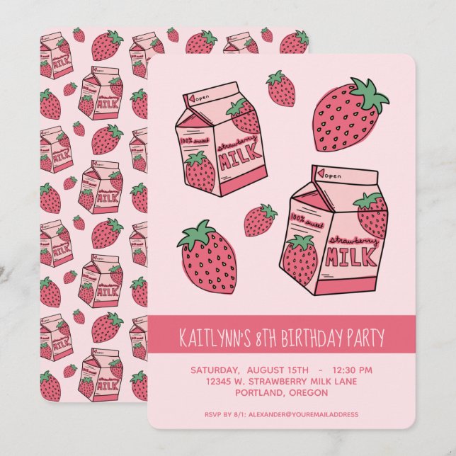 Niedliche Strawberry Milk Geburtstagsparty Einladung (Vorne/Hinten)