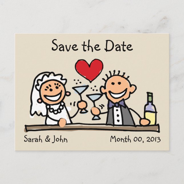 Niedliche Strichmännchen Save the Date Postkarten (Vorderseite)