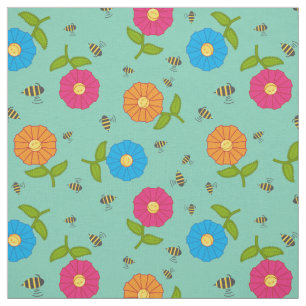 Niedliche, stylisierte Blume und Honigbienen Stoff
