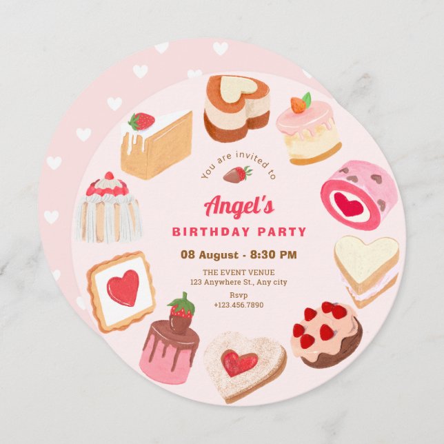 Niedliche Süßkuchen Geburtstag Einladung (Vorne/Hinten)