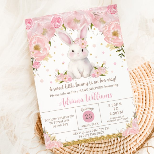 Niedliche Sweet Bunny Rabbit Pink Floral Baby Dusc Einladung (Von Creator hochgeladen)