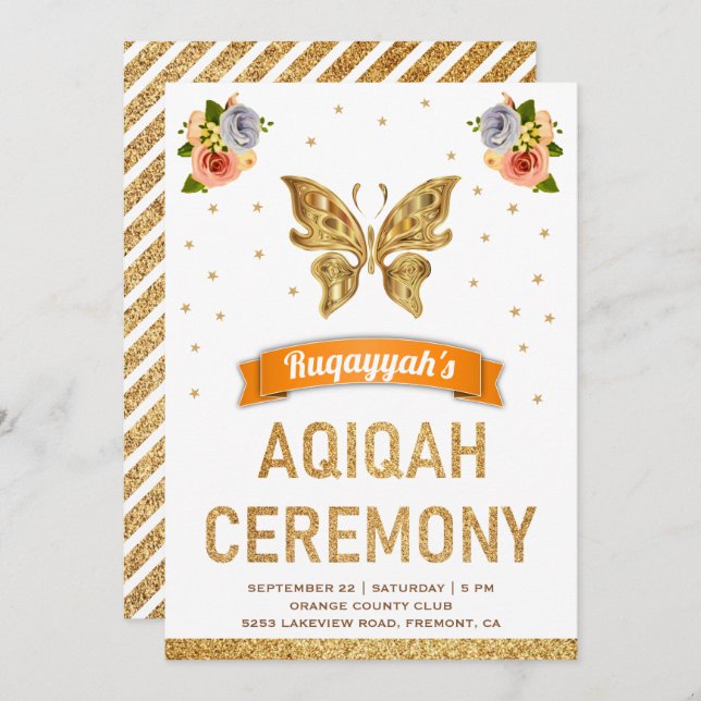 Niedliche Sweet Floral Gold Butterfly Girls Aqiqah Einladung (Vorne/Hinten)
