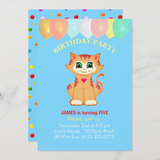 Niedliche Tabby Cat, Balloons und Confetti Geburts Einladung (Vorne/Hinten)