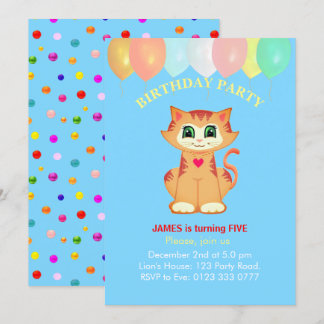 Niedliche Tabby Cat, Balloons und Confetti Geburts Einladung