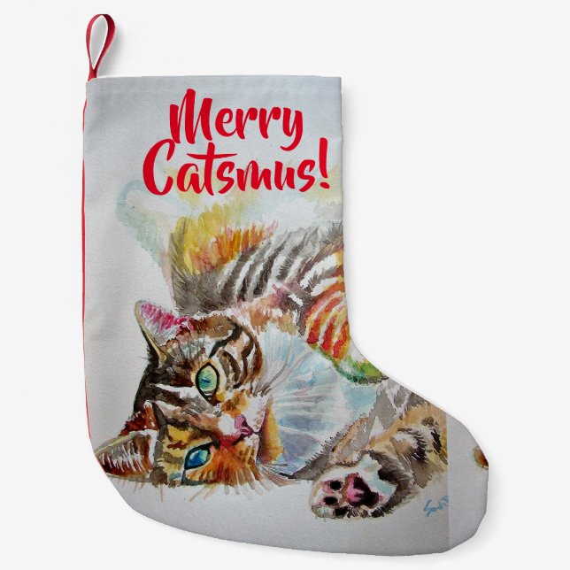 Niedliche Tabby Cat Merry Catsmus Strumpf Kleiner Weihnachtsstrumpf (Vorderseite)
