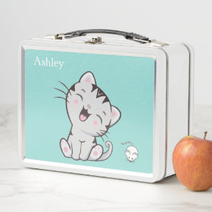 Niedliche Tabby Cat & Mouse auf Light Blue Metall Brotdose