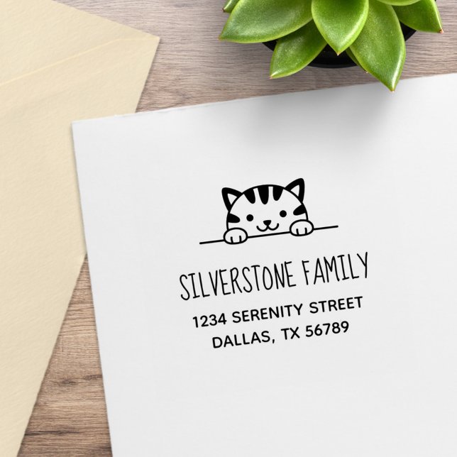 Niedliche Tabby Cat Peeking oben Familienadresse 2 Gummistempel (Von Creator hochgeladen)